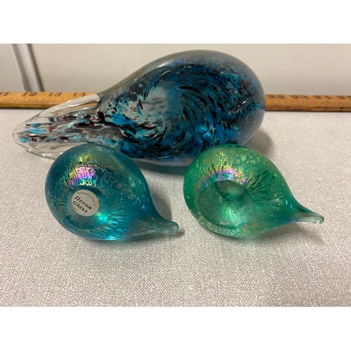 47 - Lowitz style glass bird along with 2 Heron iridescent glass ducklings.