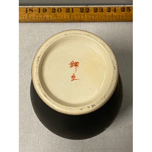 49 - Japanese Satsuma pottery vase. Matt black with hand painted gold landscape. Marked to base.
25cm h