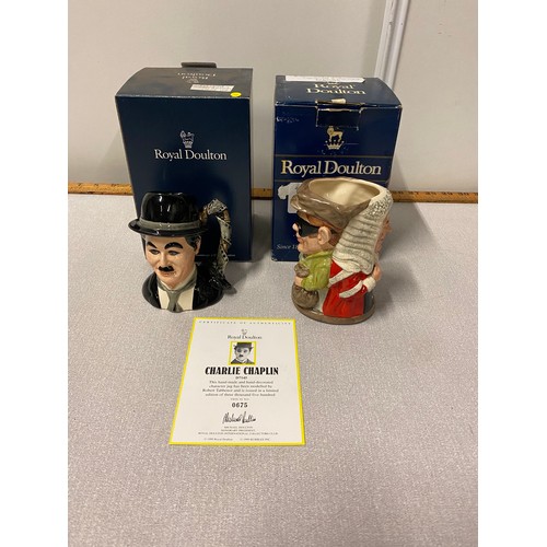 426 - 2 Royal Doulton Toby Jugs - Charlie Chaplin (with ltd edition certificate -no. 0675) and the judge a... 