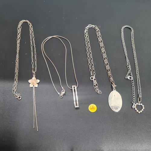 626 - 3 silver chain and pendants and one white metal chain and love heart pendant.