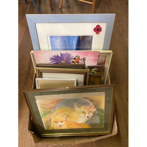 499 - Box of framed paintings and prints.