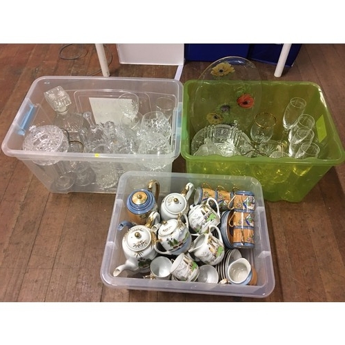 511 - 2 boxes of crystal and glass ware and box of Oriental tea ware.