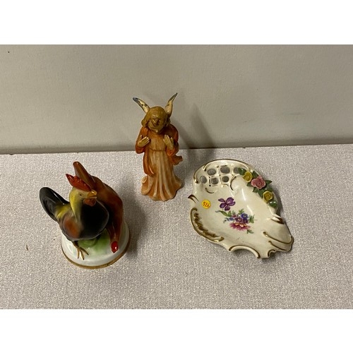 578 - 3 vintage ornaments- dresden Bavarian cockerel, German angel and Dresden trinket dish.