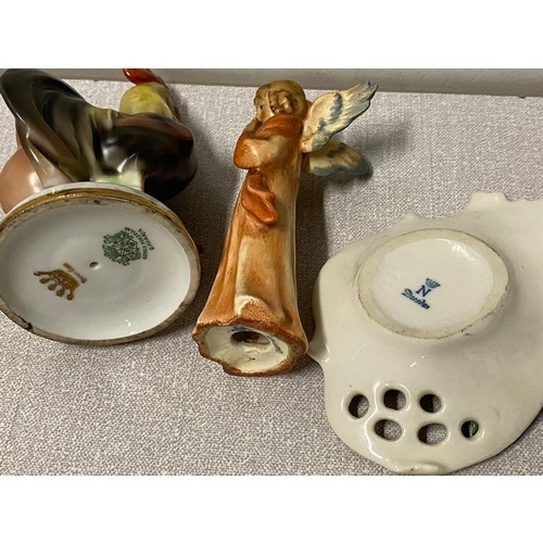 578 - 3 vintage ornaments- dresden Bavarian cockerel, German angel and Dresden trinket dish.