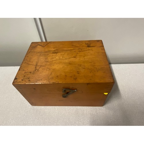 581 - Vintage microscope base in original wooden box.