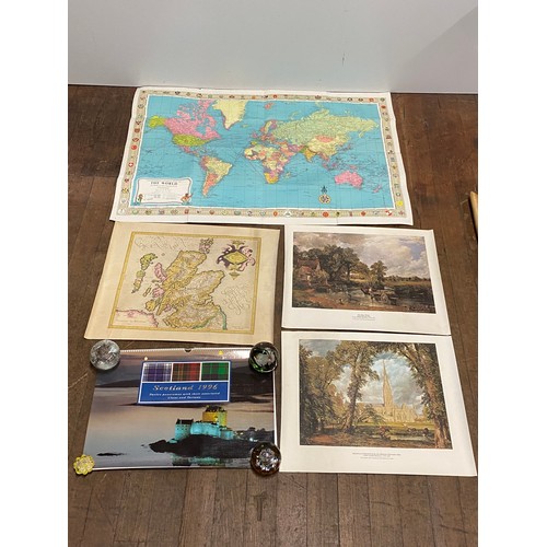 589 - World map, Scottish map, Scotland 1996 calendar and 2 prints.