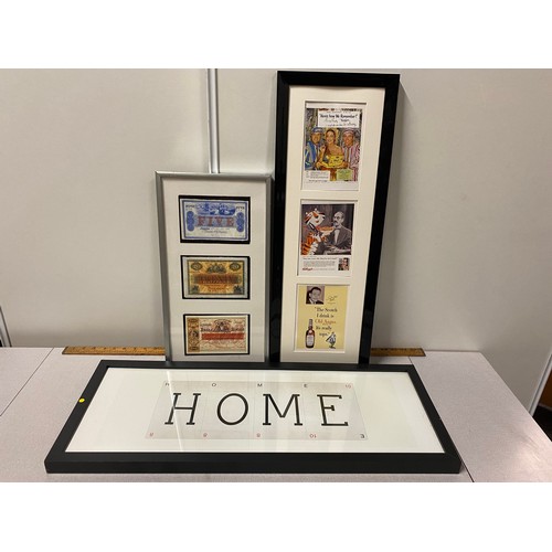 593 - Framed Money prints, framed advertising prints and framed home print.