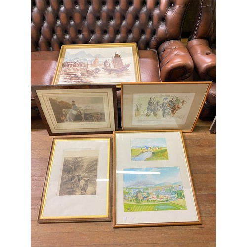 607 - Selection of framed prints to include Highland cattle and golfing print.