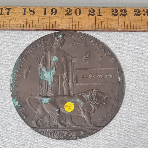 20 - Original WW Death plaque/penny - James Spence.
12cm Diameter