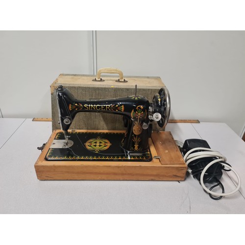 57 - Vintage Singer 1917 Electric Sewing Machine in Egyptian Lotus design With Light. YI016613