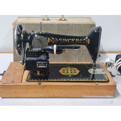 57 - Vintage Singer 1917 Electric Sewing Machine in Egyptian Lotus design With Light. YI016613