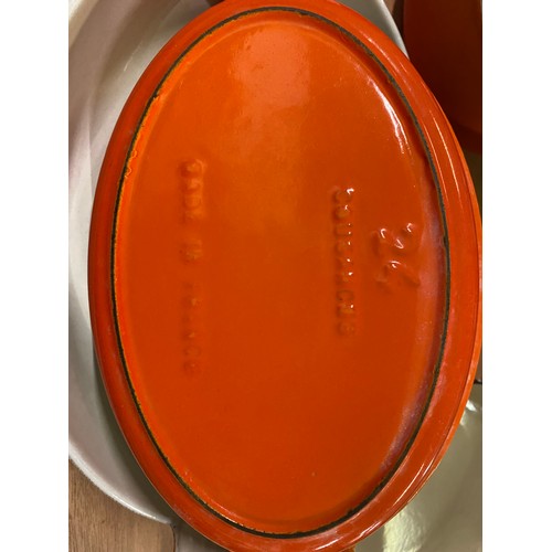 324 - Vintage Cousances by Le Creuset Volcanic Orange Enamel and Cast Iron lidded pot, frying pan and cass... 