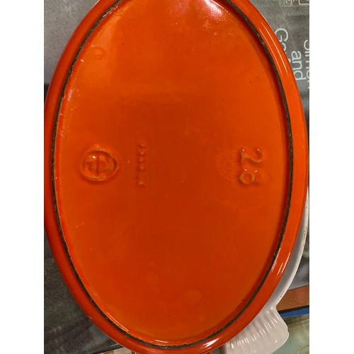 324 - Vintage Cousances by Le Creuset Volcanic Orange Enamel and Cast Iron lidded pot, frying pan and cass... 