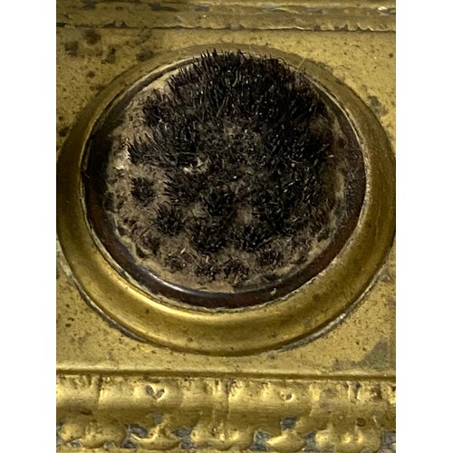 156 - Early brass double inkwell with bristle nib cleaner to centre.