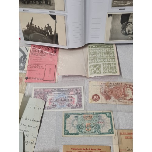 236 - Selection of war items to include WW2 air force photographs, armed forces money, coupons and letters... 