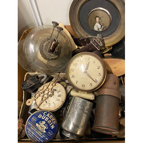 247 - Selection of vintage items to include clocks, plated ware and old tools etc.