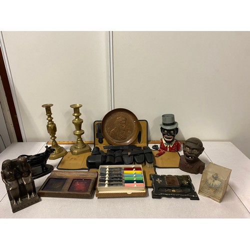 248 - Selection of vintage items to include antique coin banks, candlesticks, boxed knife set, and brush s... 