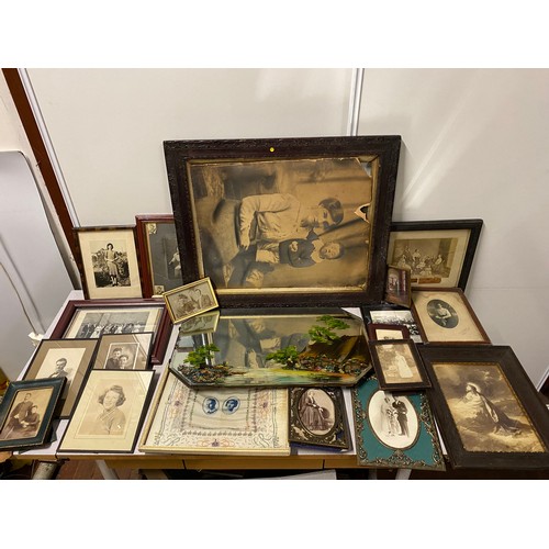 505 - Collection of antique photographs, mirror and large Victorian photo frame.