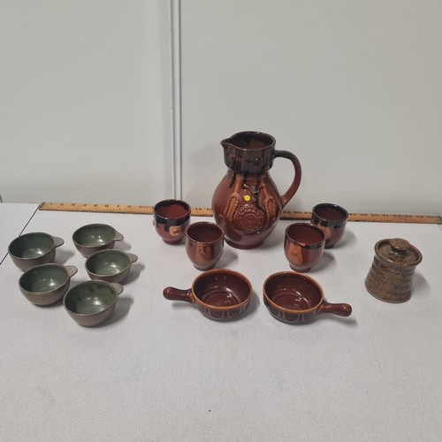 508 - Glazed stoneware jug and cup set along with bowls and milk cups etc.