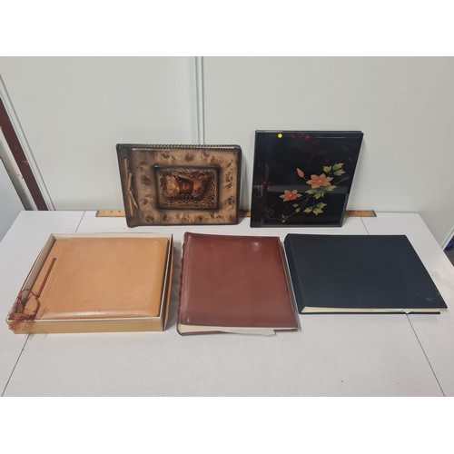 521 - 5 x vintage photo albums (empty) to include floral Japanese one and leather Viking ship one.