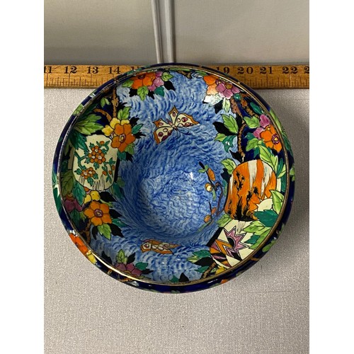22 - Hand painted 3 footed lustre Maling bowl in butterfly and floral pattern.
12cm H 23cm Diameter