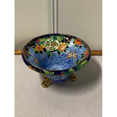 22 - Hand painted 3 footed lustre Maling bowl in butterfly and floral pattern.
12cm H 23cm Diameter