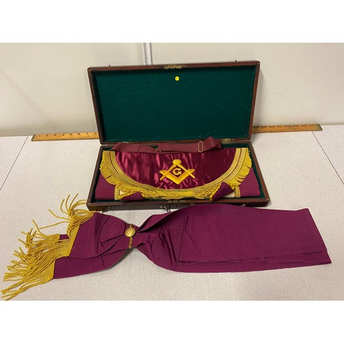 36 - Masonic apron and sash in wooden case.
