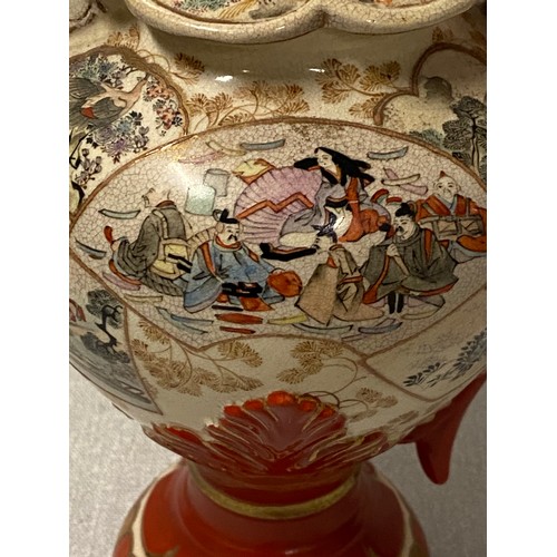 154 - Antique Japanese Satsuma hand painted coffee pot with lid. Highly detailed figure panels. [21cm high... 