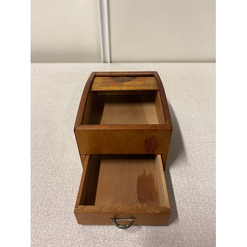 5 - 2 x vintage wooden cigarette box dispensers - one inlaid and one roller top with Scotty dog design.