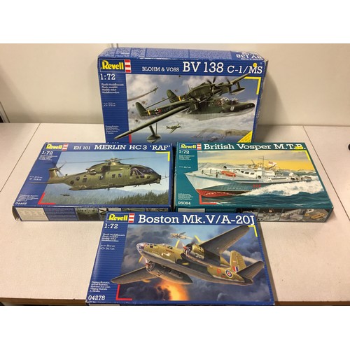 14 - 4 x boxed Revell models - Blohm & Voss, Merlin HC3 RAF, British Vosper M.T.B and Boston Mk. V/A-20J.
