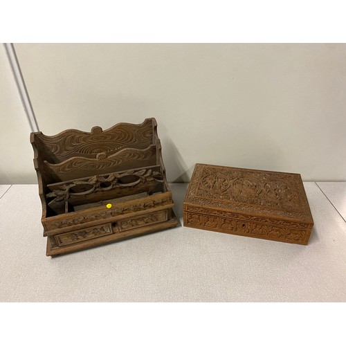 43 - Intricately hand carved wooden desk tidy and box.