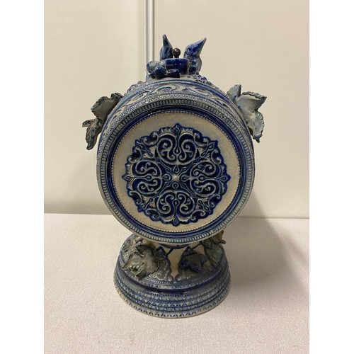 46 - Vintage German blue and white tin glazed stone ware barrel decanter - decorated with ivy leaves and ... 