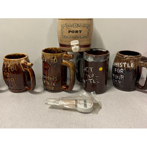 66 - Collection of vintage glazed whistle mugs/tankards along with ceramic port barrel etc.