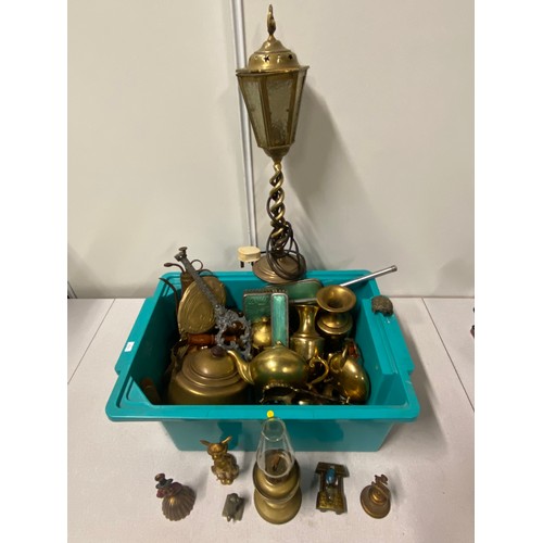 72 - Large qt of brass items to include street light lamp and teapots etc.