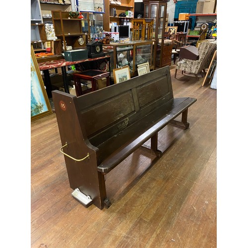 78 - Vintage solid wood church pew with cast metal and brass umbrella/stick holders.
177cm x 90cm x 54cm ... 