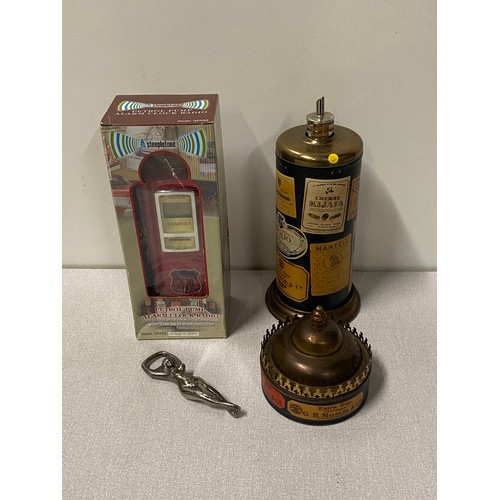 84 - Vintage Mumm & Co musical drinks decanter along with nude lady bottle opener and boxed Petrol pump a... 