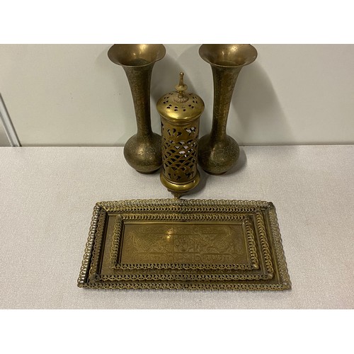 88 - Selection of Indian brass items to include 3 trays, pair of vases and candle holder.