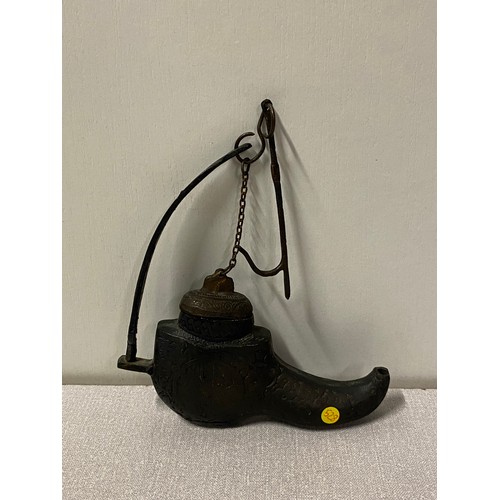 104 - Antique bronze Middle Eastern oil lamp.
