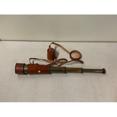109 - Kelvin & Hughes Marine Brass & Leather 3 pull Telescope with leather cover.