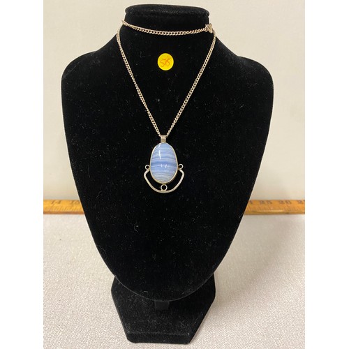 167 - Silver and blue lace agate modernist design chain and pendant
