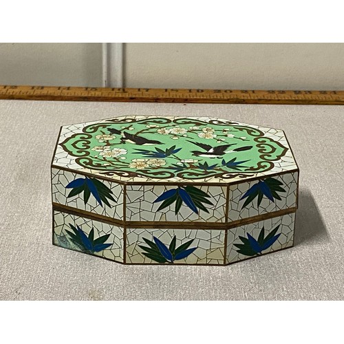 179 - Vintage Chinese Cloisonne trinket box depicting birds and cherry blossoms.
16cm l