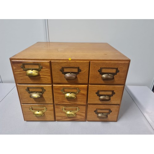 23 - Solid wood 9 drawer index card cabinet.
50cm l x 42cm d x 35cm h