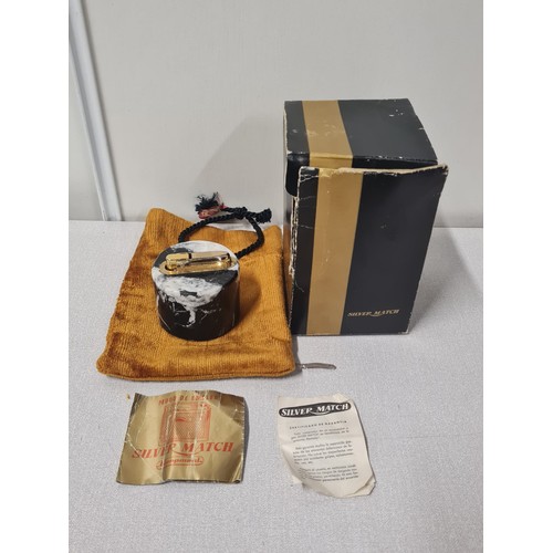 2 - Vintage Silver Match onyx table lighter with original box, bag and pamphlet.