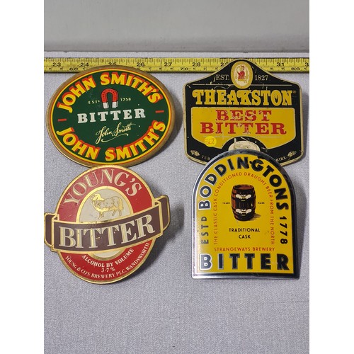 6 - 4 x vintage beer pump badges - John Smiths, Theakston, Youngs Bitter and Boddingtons Bitter.