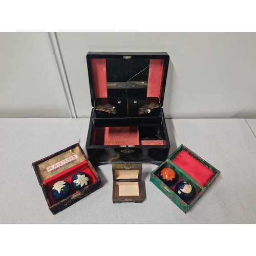 1 - Vintage Annie Laurie lacquered musical jewellery box with mother of pearl inlay along with 2 sets of... 