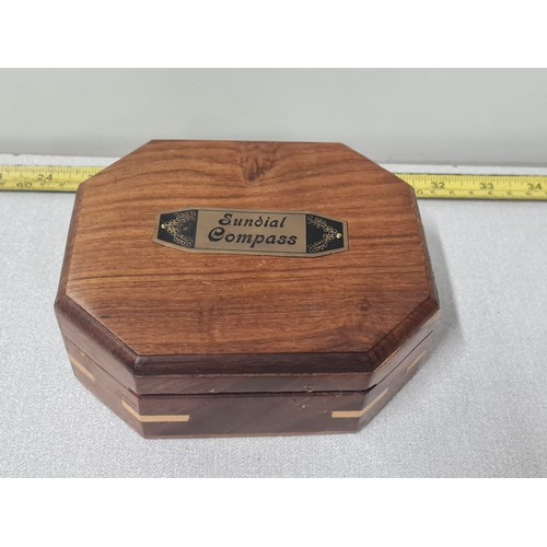 51 - Antique style F.Cox brass sundial compass in wooden case.