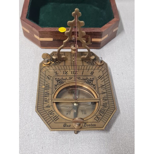 51 - Antique style F.Cox brass sundial compass in wooden case.