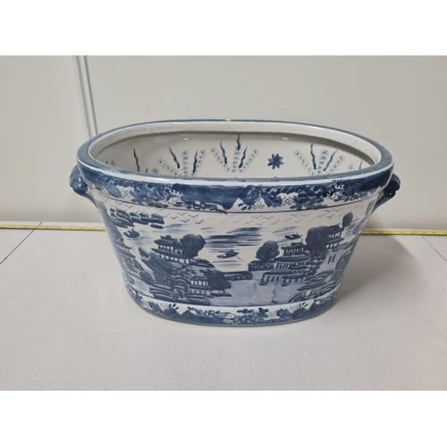 212 - Antique Ironstone china blue and white foot bath. Hand painted with Oriental fishing village scene.
... 