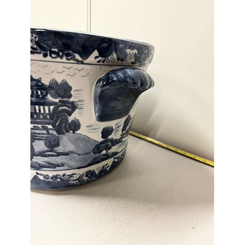 212 - Antique Ironstone china blue and white foot bath. Hand painted with Oriental fishing village scene.
... 