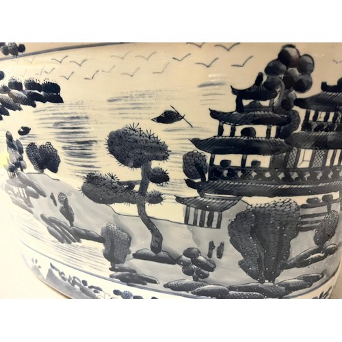 212 - Antique Ironstone china blue and white foot bath. Hand painted with Oriental fishing village scene.
... 